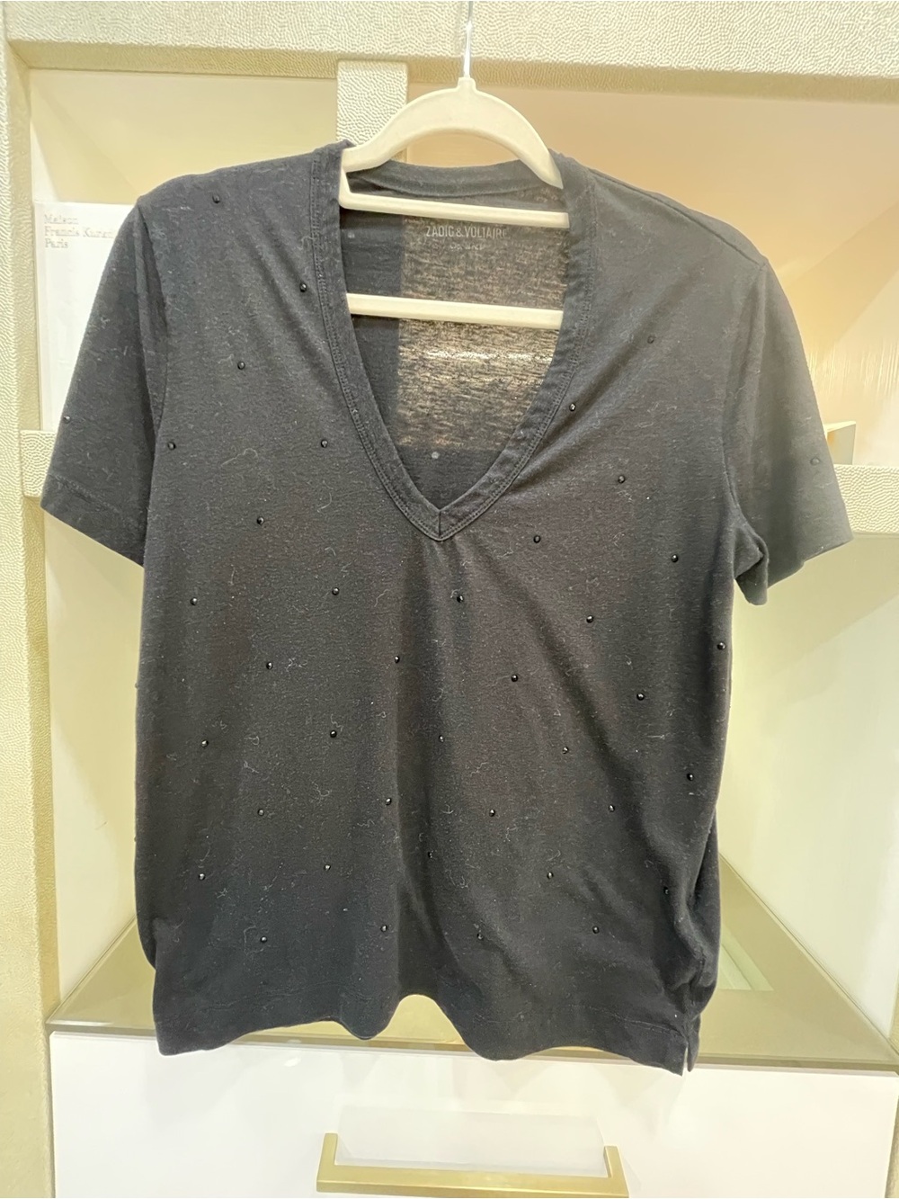 Zadig & Voltaire Black Short Sleeve V-Neck Tee with Bead Details Size Medium